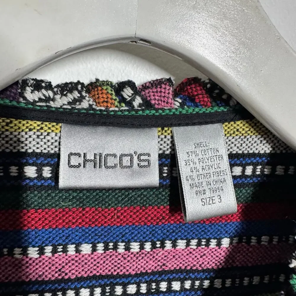 Chico's Boho Jacket Women‎ XL Rainbow Embroidery Woven Open Front Pockets Ruffle